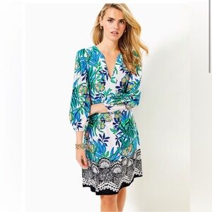 Lilly Pulitzer White Floral Mini Dress with Blue & Green Leaves